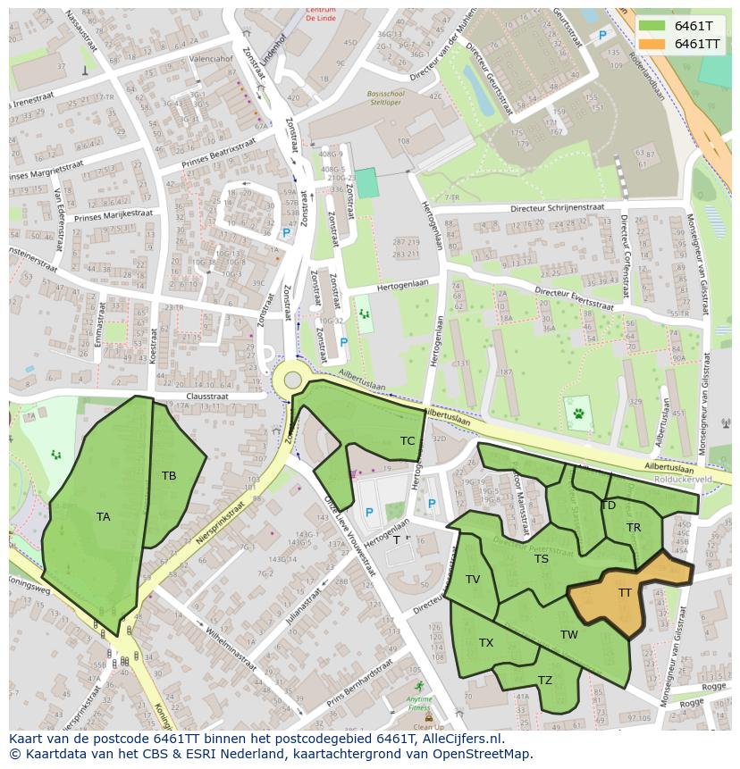 Afbeelding van het postcodegebied 6461 TT op de kaart.
