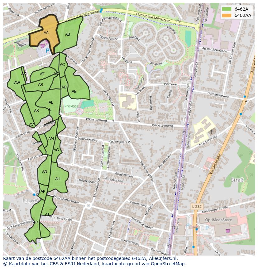 Afbeelding van het postcodegebied 6462 AA op de kaart.
