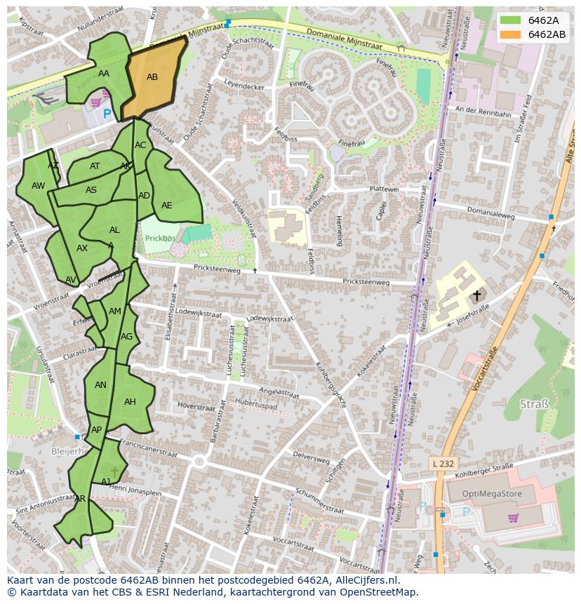 Afbeelding van het postcodegebied 6462 AB op de kaart.