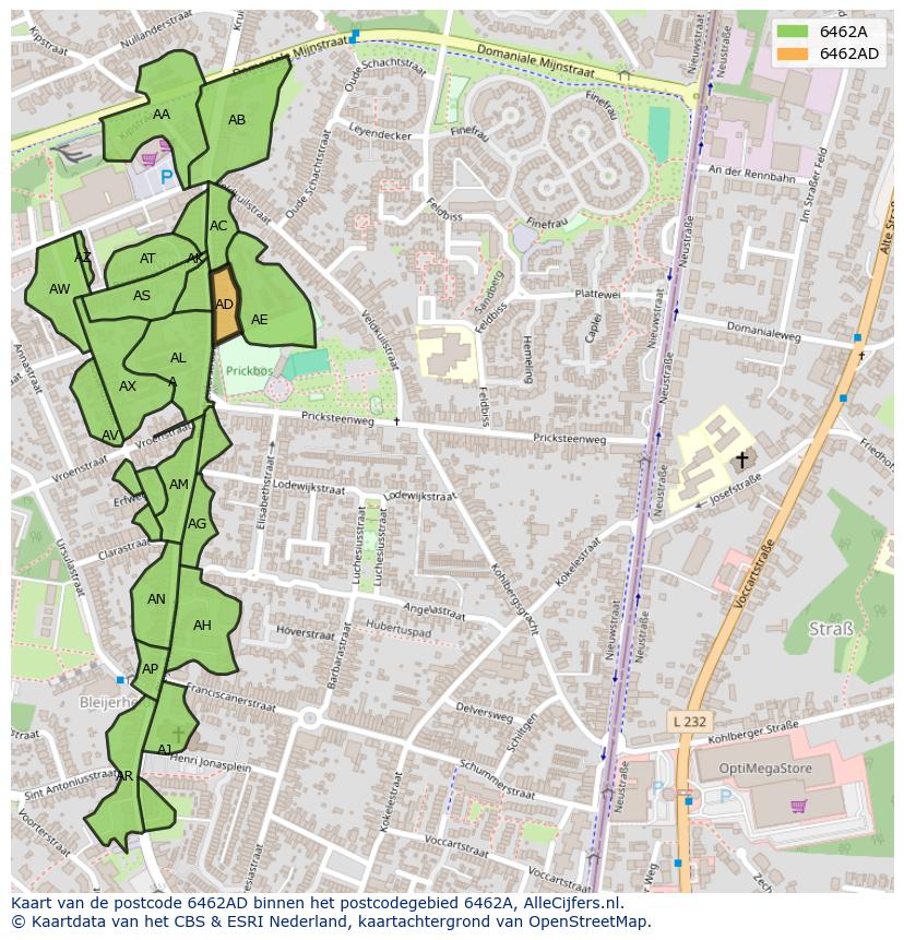Afbeelding van het postcodegebied 6462 AD op de kaart.