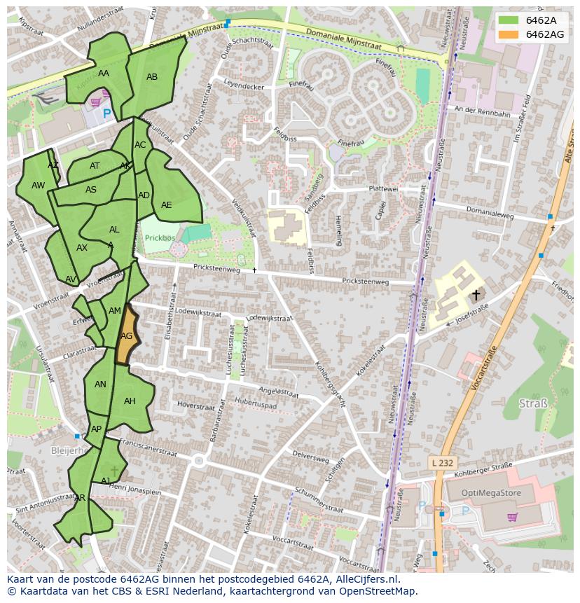 Afbeelding van het postcodegebied 6462 AG op de kaart.