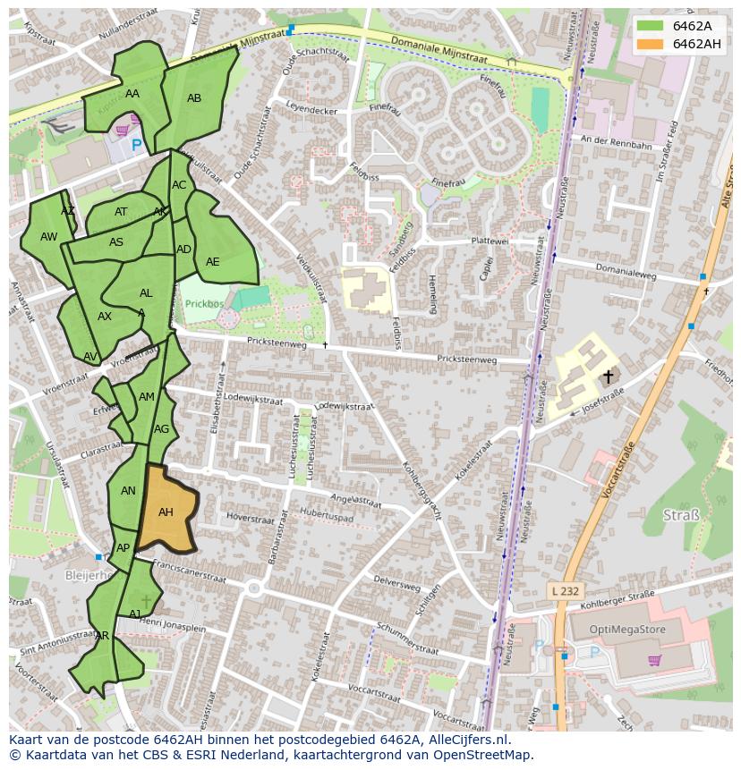 Afbeelding van het postcodegebied 6462 AH op de kaart.