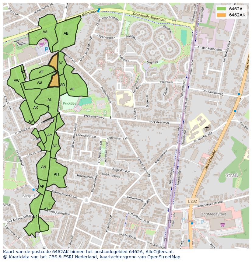 Afbeelding van het postcodegebied 6462 AK op de kaart.