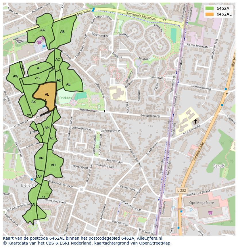 Afbeelding van het postcodegebied 6462 AL op de kaart.