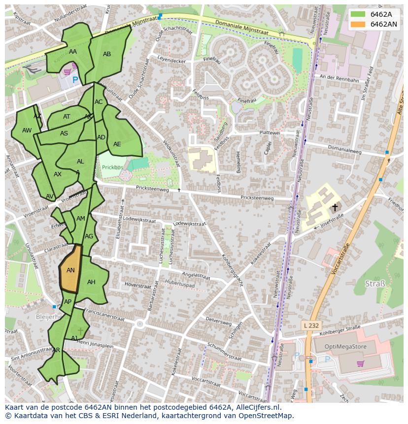 Afbeelding van het postcodegebied 6462 AN op de kaart.