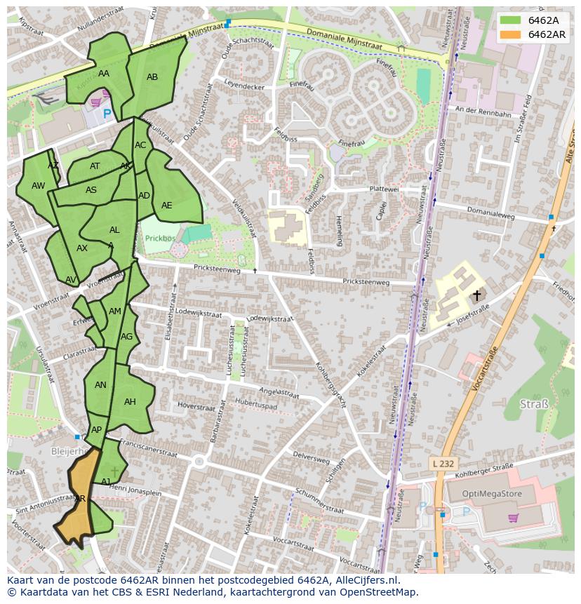 Afbeelding van het postcodegebied 6462 AR op de kaart.