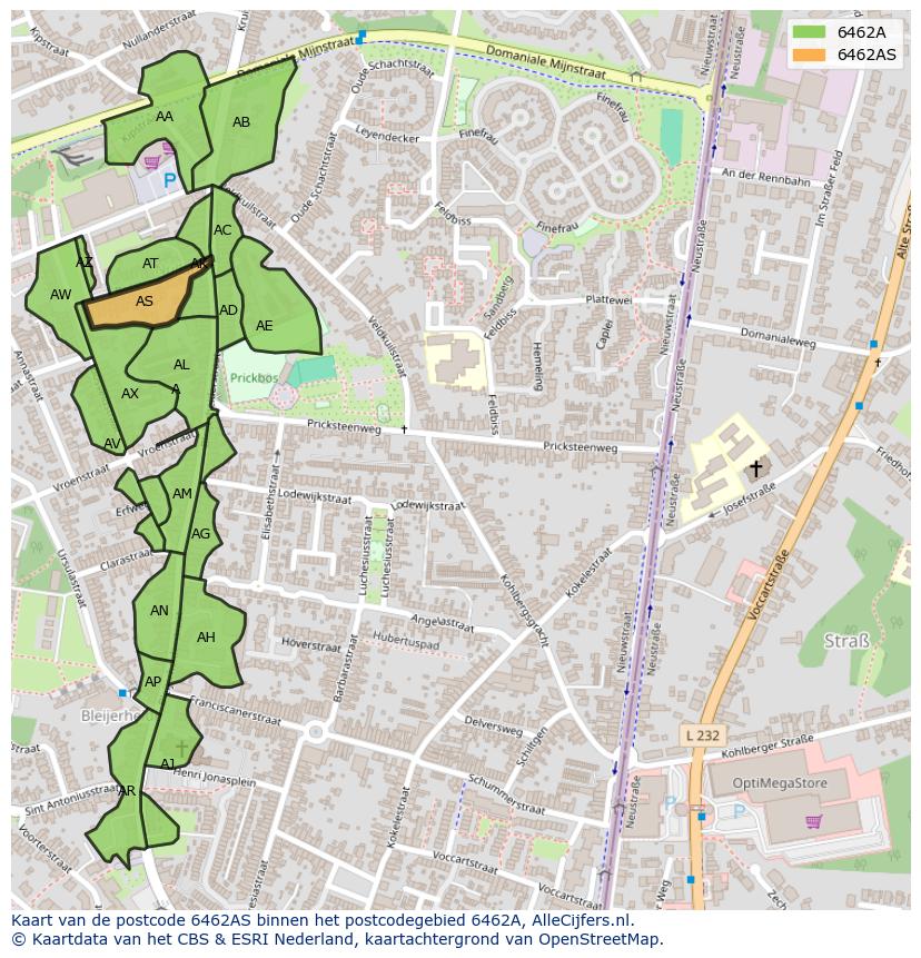 Afbeelding van het postcodegebied 6462 AS op de kaart.