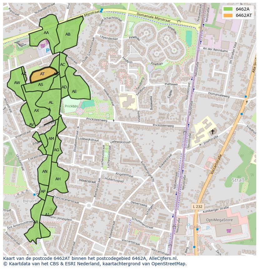 Afbeelding van het postcodegebied 6462 AT op de kaart.