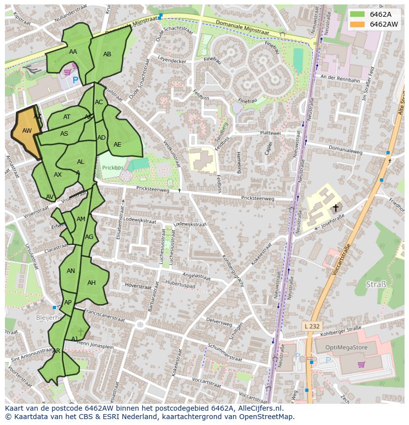 Afbeelding van het postcodegebied 6462 AW op de kaart.