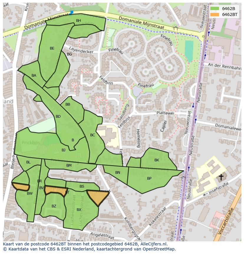 Afbeelding van het postcodegebied 6462 BT op de kaart.