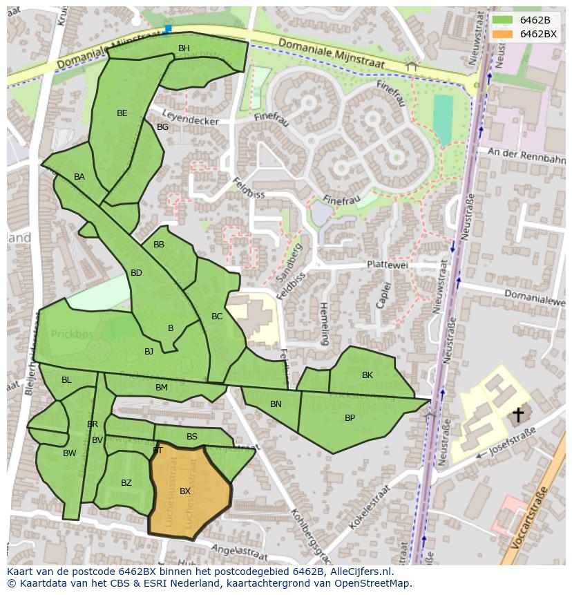 Afbeelding van het postcodegebied 6462 BX op de kaart.
