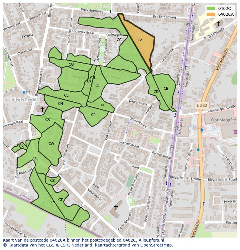 Afbeelding van het postcodegebied 6462 CA op de kaart.