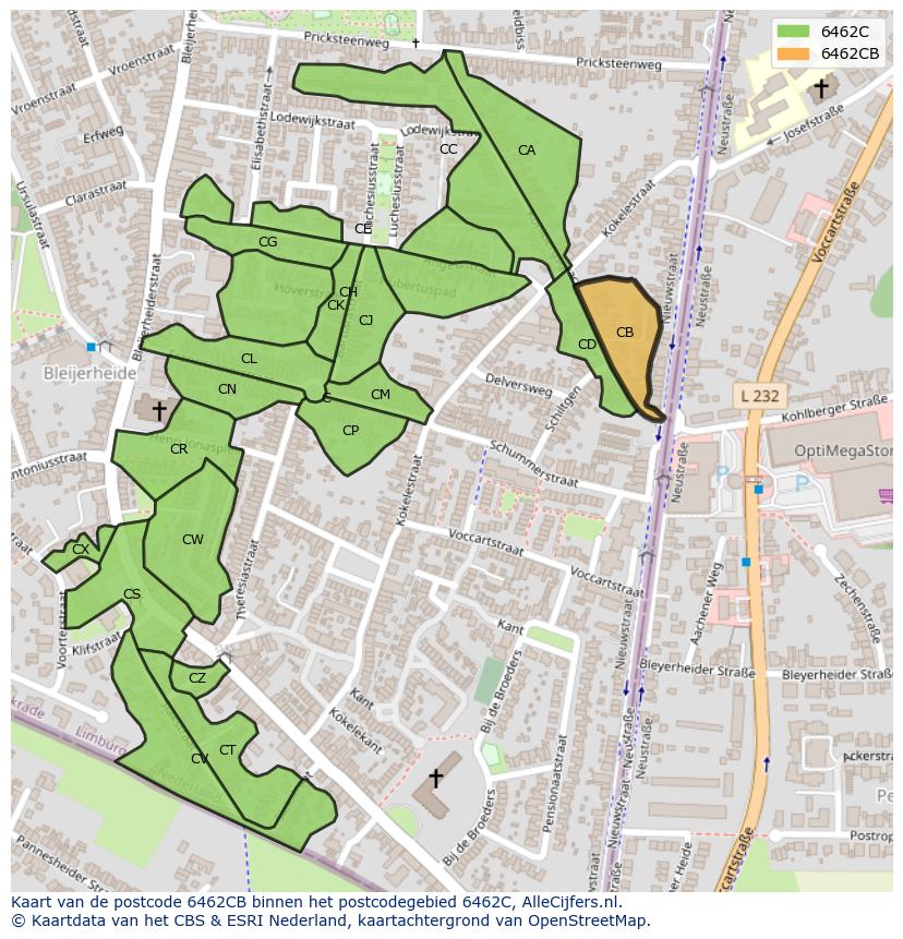Afbeelding van het postcodegebied 6462 CB op de kaart.