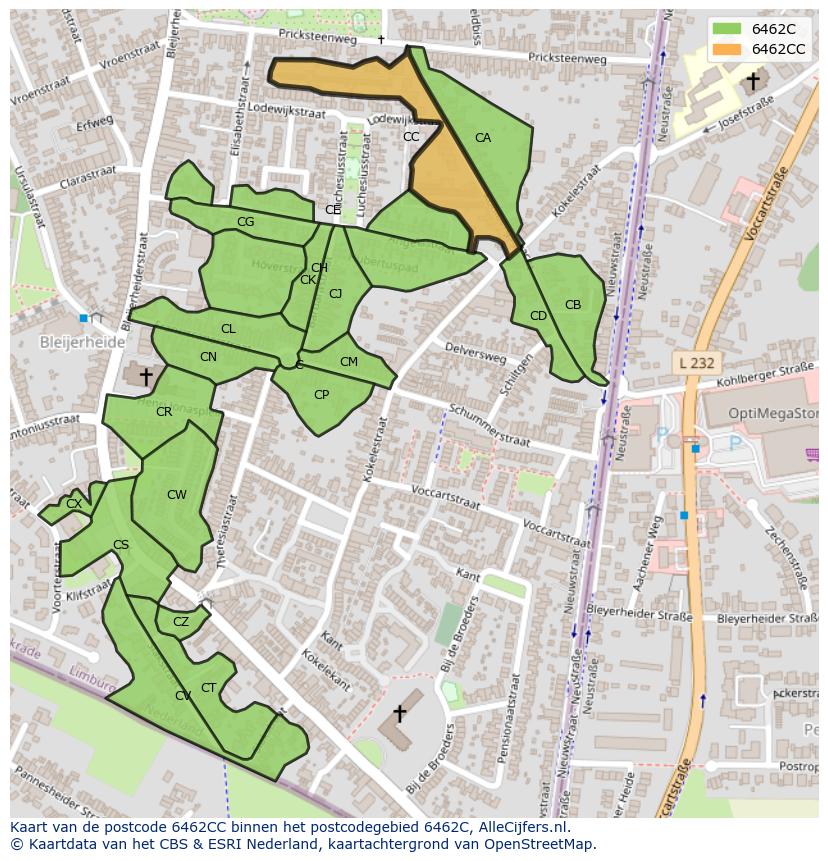 Afbeelding van het postcodegebied 6462 CC op de kaart.