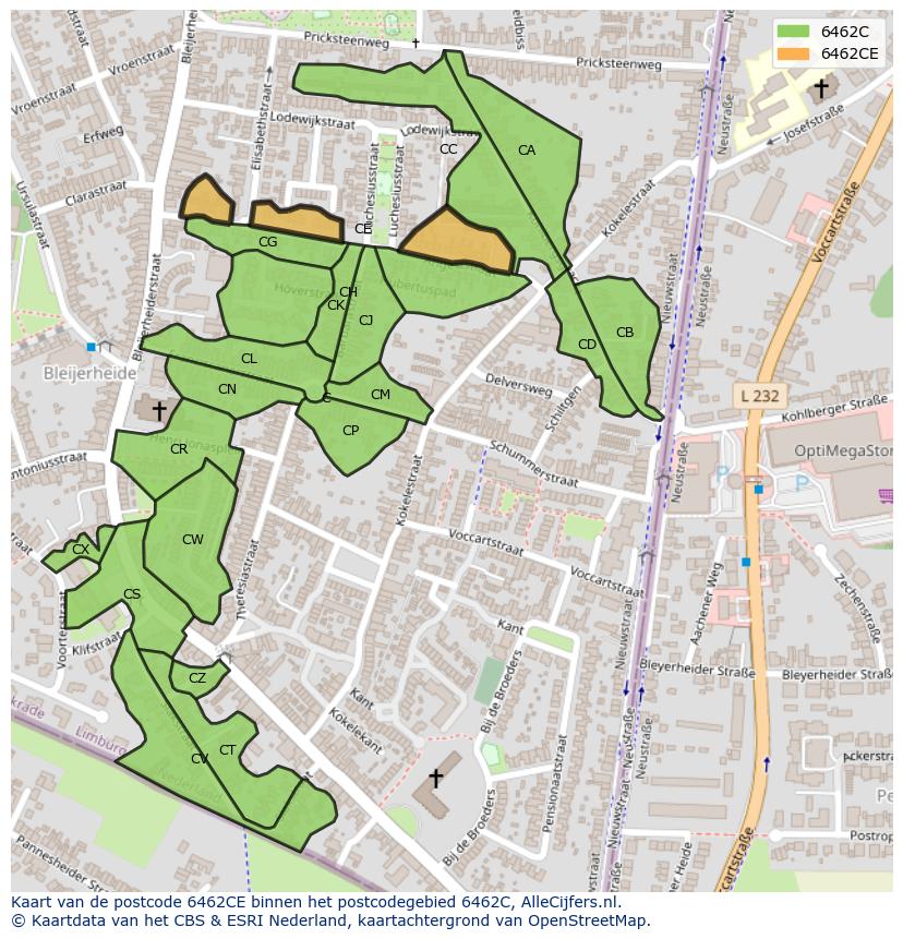 Afbeelding van het postcodegebied 6462 CE op de kaart.
