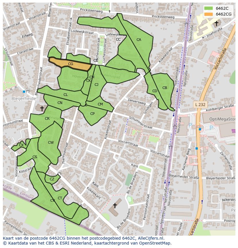 Afbeelding van het postcodegebied 6462 CG op de kaart.
