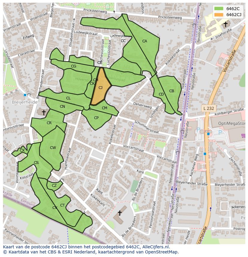 Afbeelding van het postcodegebied 6462 CJ op de kaart.