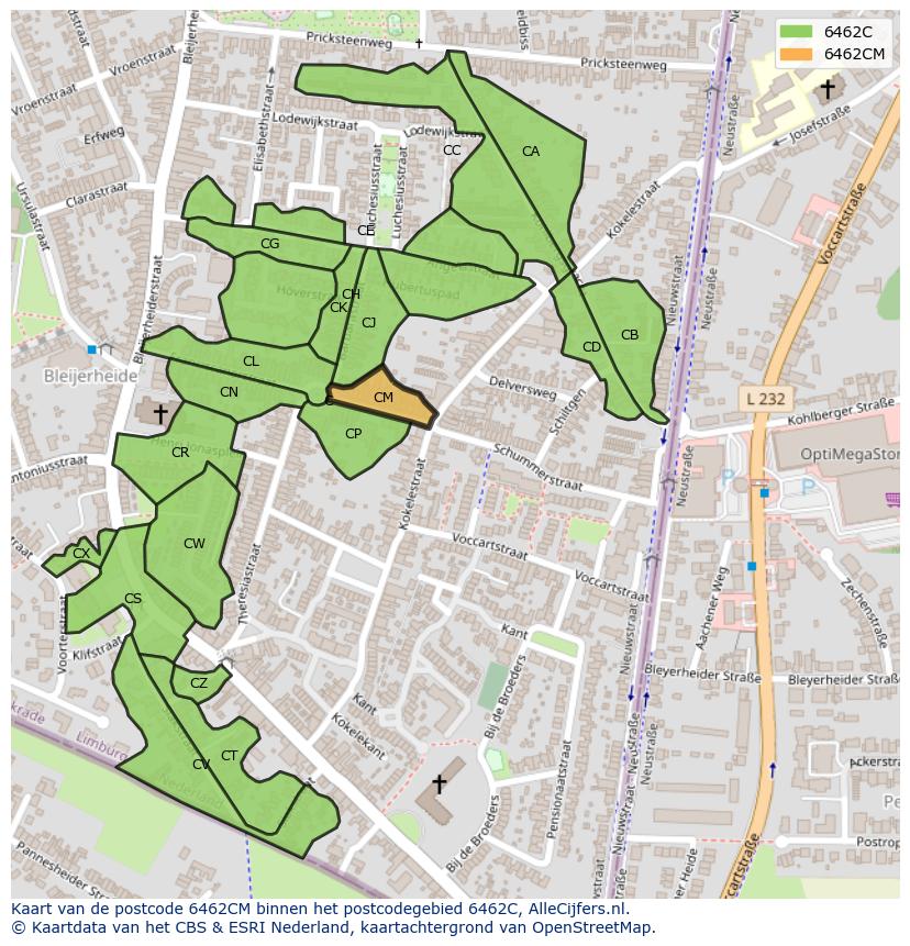 Afbeelding van het postcodegebied 6462 CM op de kaart.