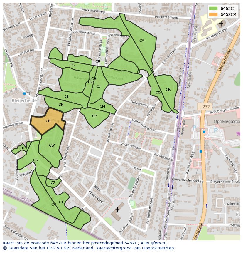 Afbeelding van het postcodegebied 6462 CR op de kaart.