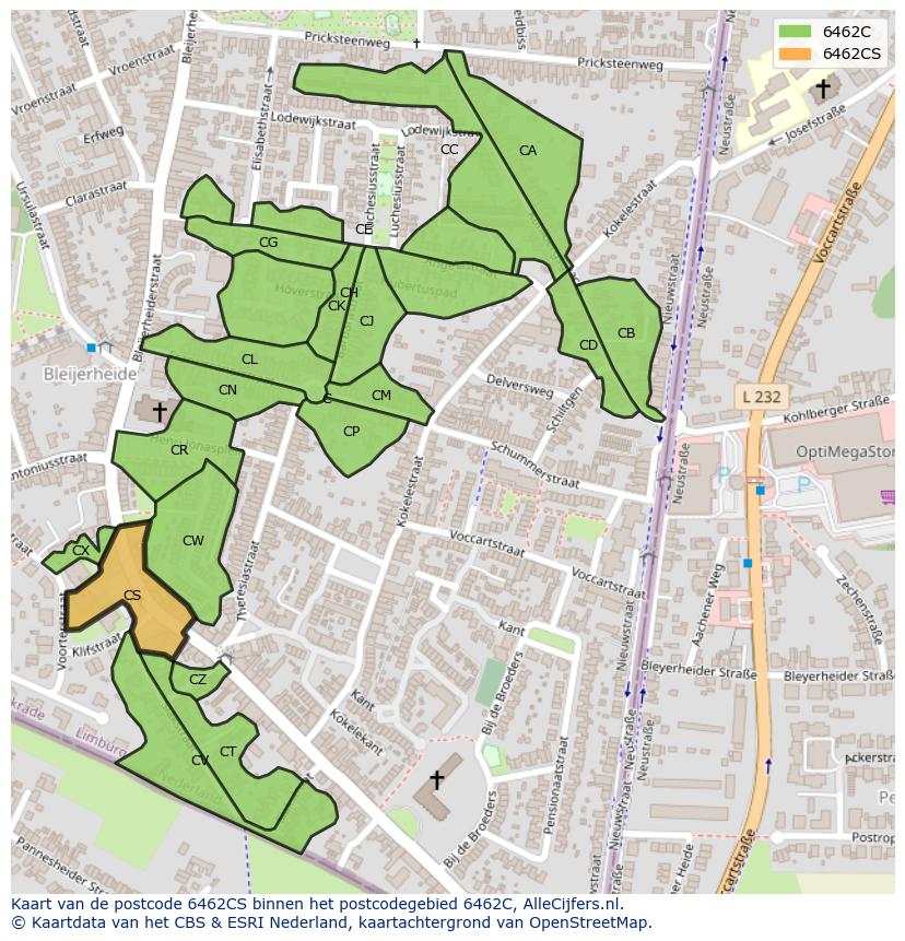 Afbeelding van het postcodegebied 6462 CS op de kaart.