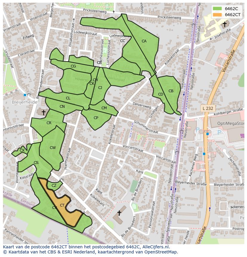 Afbeelding van het postcodegebied 6462 CT op de kaart.