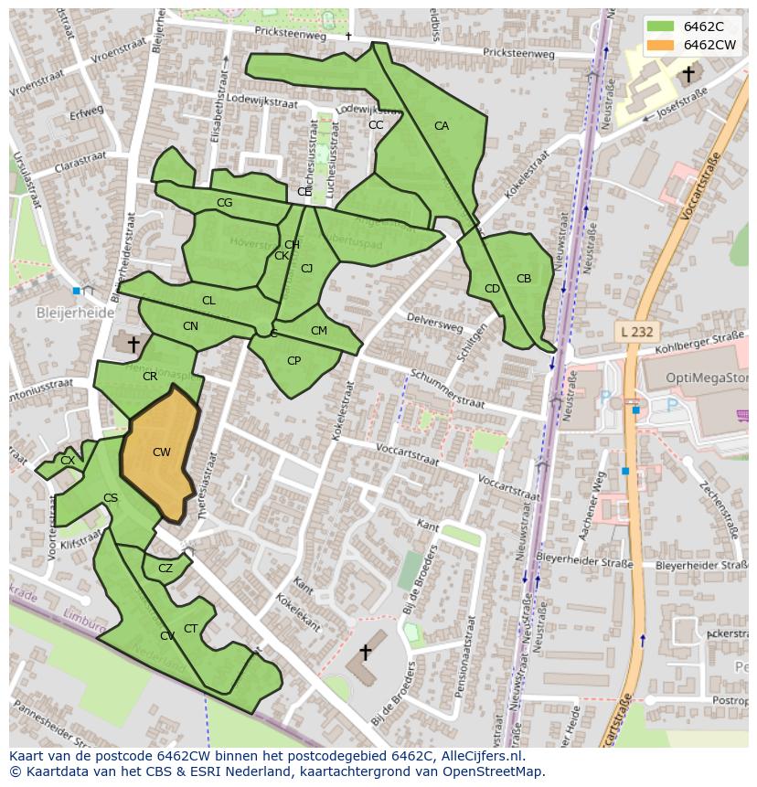 Afbeelding van het postcodegebied 6462 CW op de kaart.