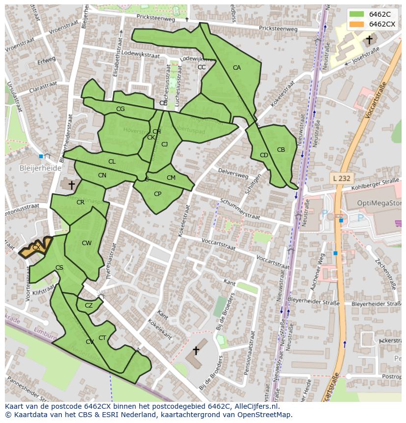 Afbeelding van het postcodegebied 6462 CX op de kaart.