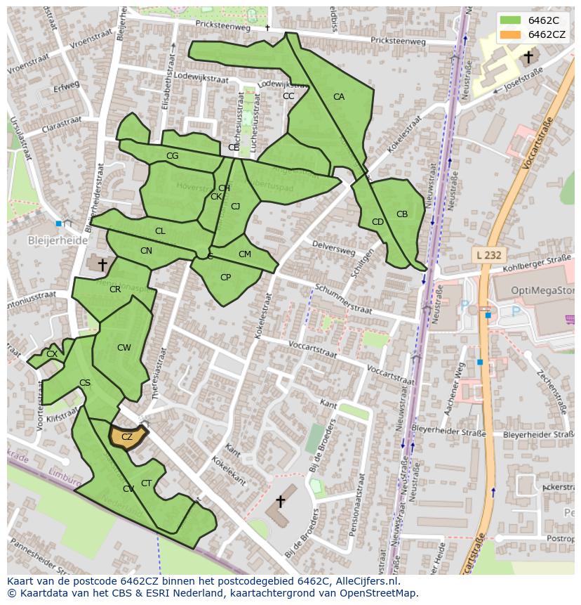 Afbeelding van het postcodegebied 6462 CZ op de kaart.
