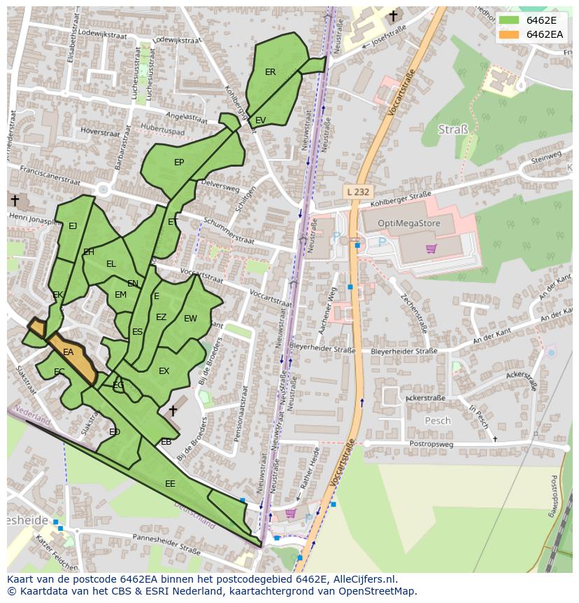 Afbeelding van het postcodegebied 6462 EA op de kaart.