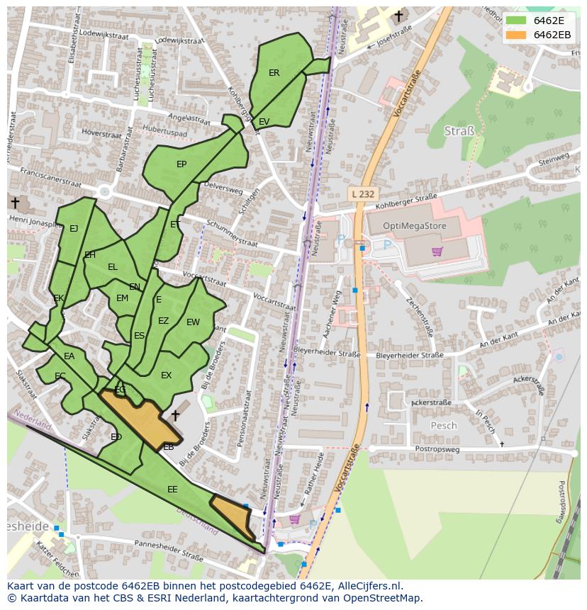 Afbeelding van het postcodegebied 6462 EB op de kaart.