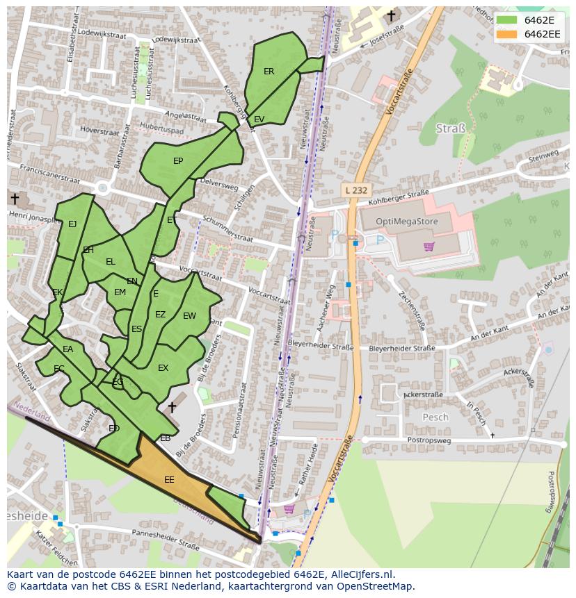 Afbeelding van het postcodegebied 6462 EE op de kaart.