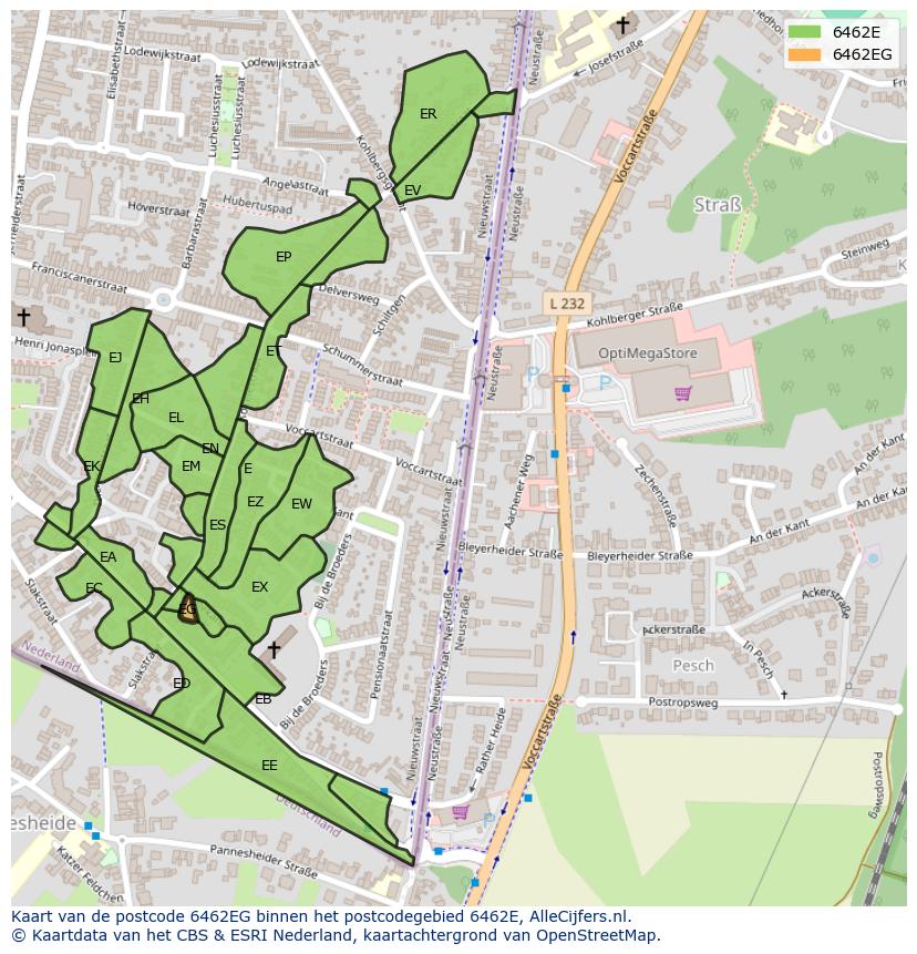 Afbeelding van het postcodegebied 6462 EG op de kaart.