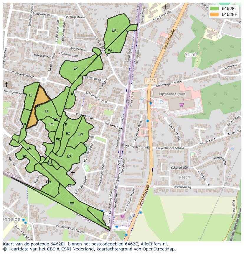 Afbeelding van het postcodegebied 6462 EH op de kaart.
