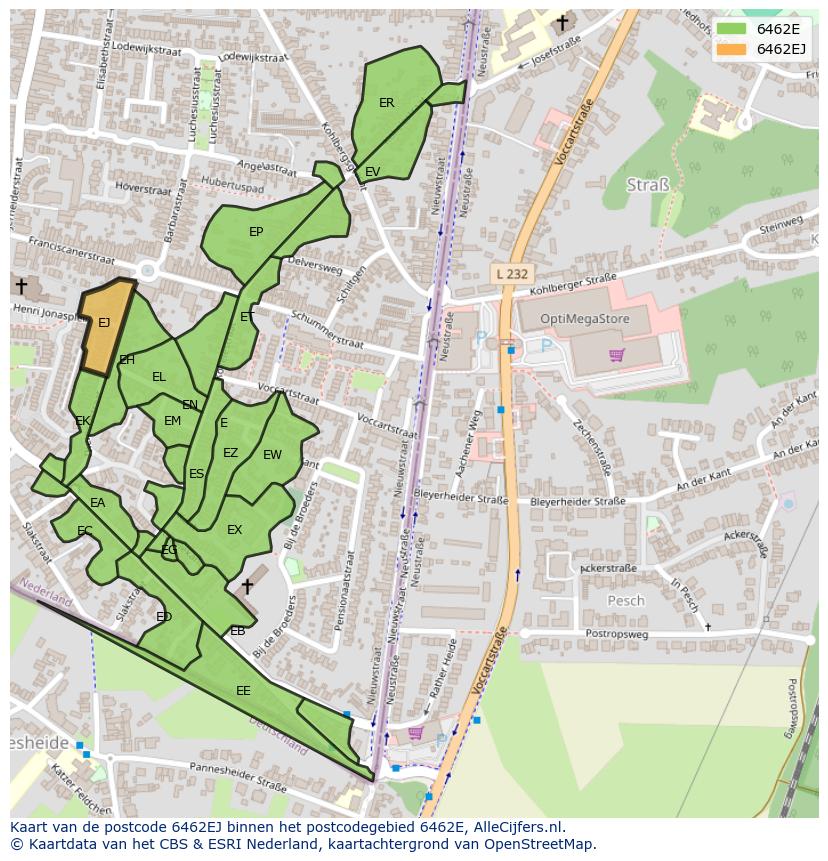 Afbeelding van het postcodegebied 6462 EJ op de kaart.
