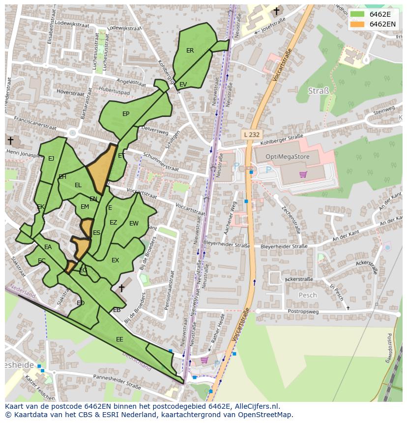 Afbeelding van het postcodegebied 6462 EN op de kaart.