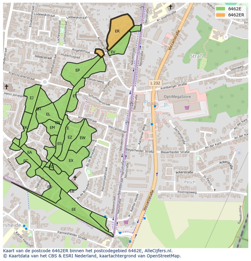 Afbeelding van het postcodegebied 6462 ER op de kaart.
