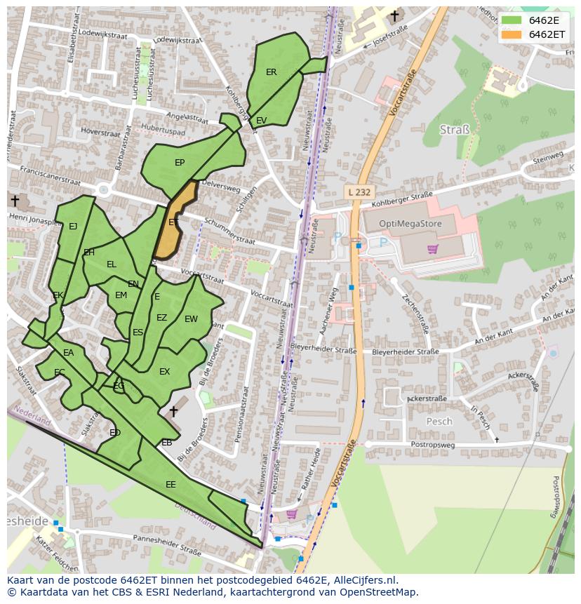 Afbeelding van het postcodegebied 6462 ET op de kaart.
