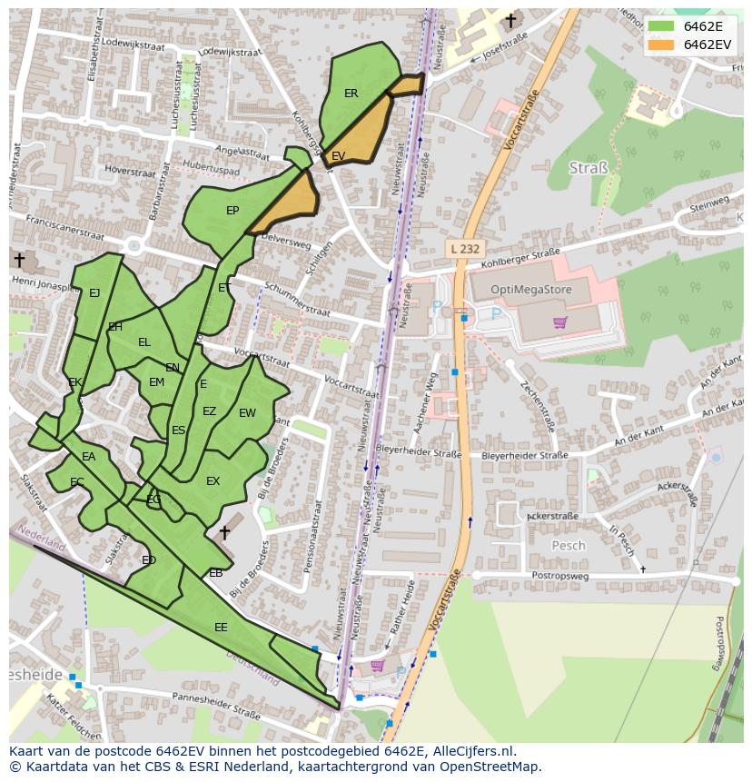 Afbeelding van het postcodegebied 6462 EV op de kaart.