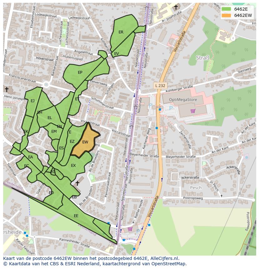 Afbeelding van het postcodegebied 6462 EW op de kaart.