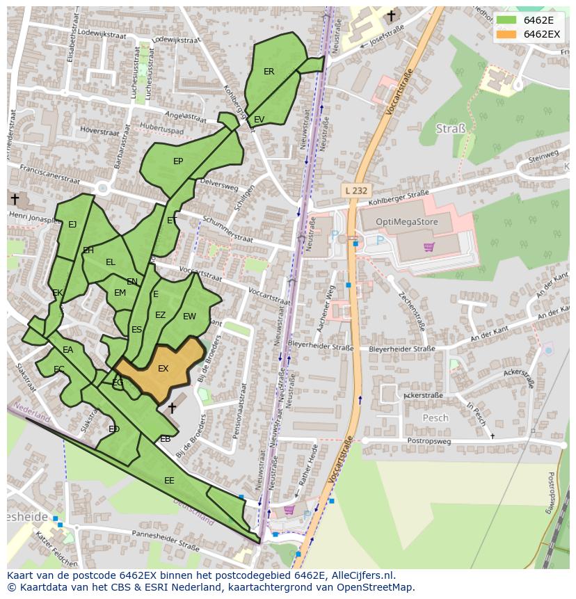 Afbeelding van het postcodegebied 6462 EX op de kaart.