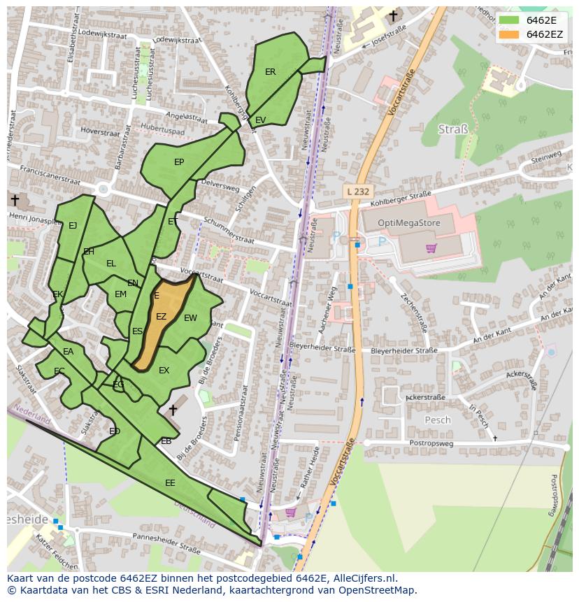 Afbeelding van het postcodegebied 6462 EZ op de kaart.
