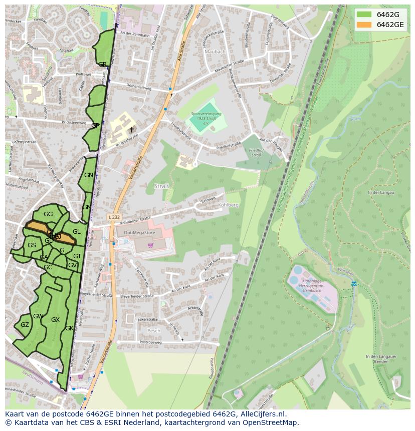 Afbeelding van het postcodegebied 6462 GE op de kaart.