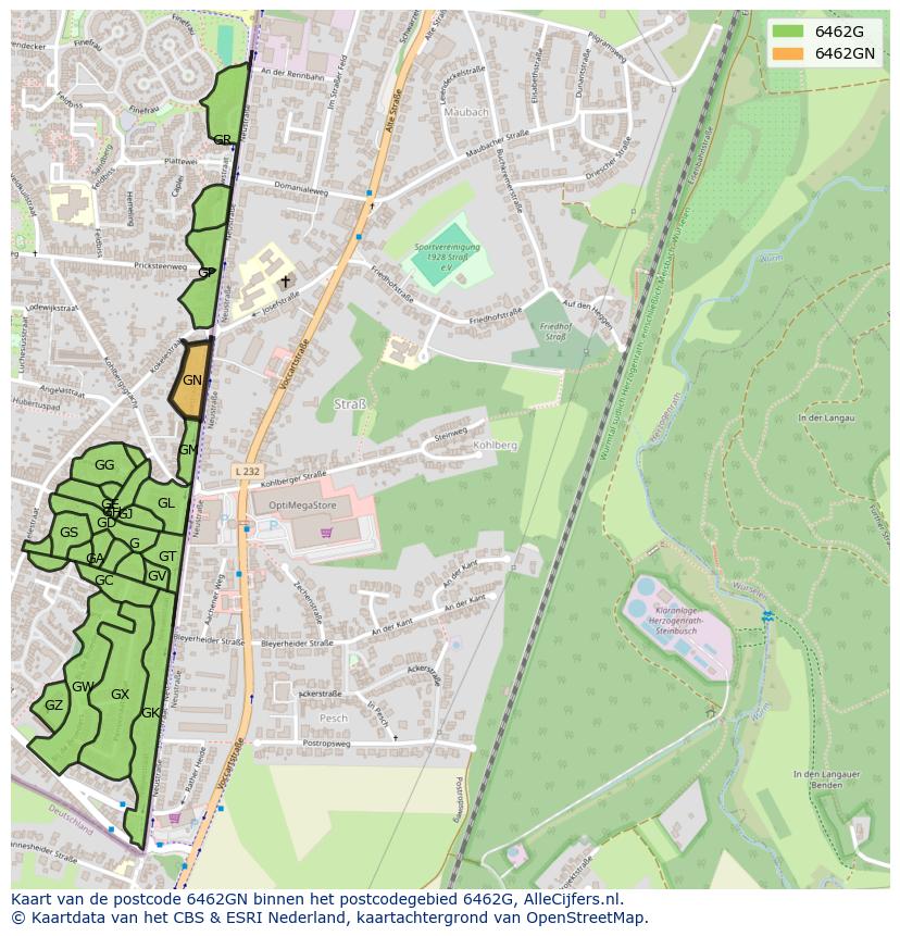 Afbeelding van het postcodegebied 6462 GN op de kaart.