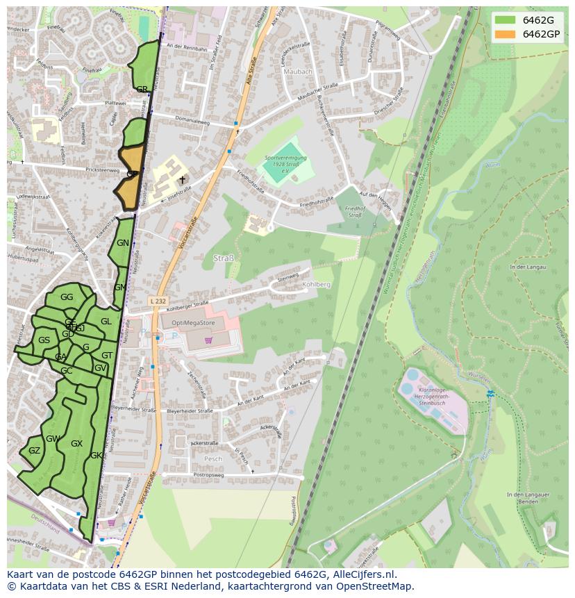 Afbeelding van het postcodegebied 6462 GP op de kaart.