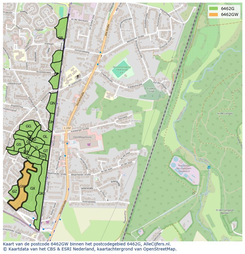 Afbeelding van het postcodegebied 6462 GW op de kaart.