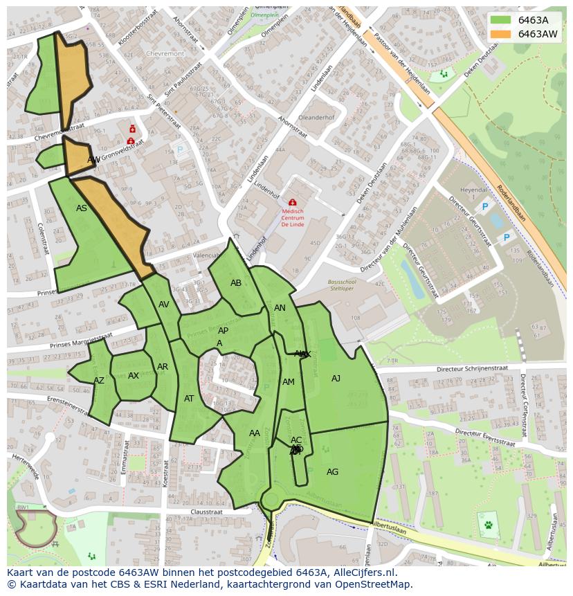 Afbeelding van het postcodegebied 6463 AW op de kaart.