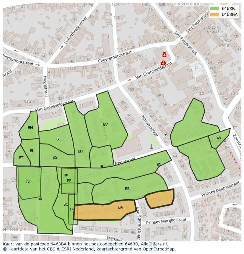 Afbeelding van het postcodegebied 6463 BA op de kaart.
