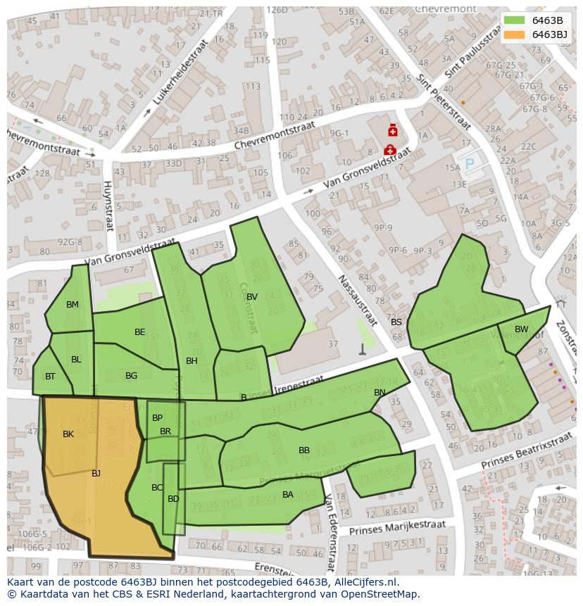 Afbeelding van het postcodegebied 6463 BJ op de kaart.
