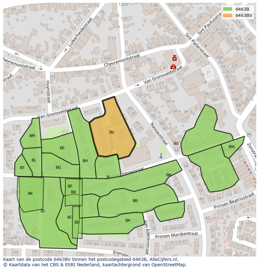 Afbeelding van het postcodegebied 6463 BV op de kaart.