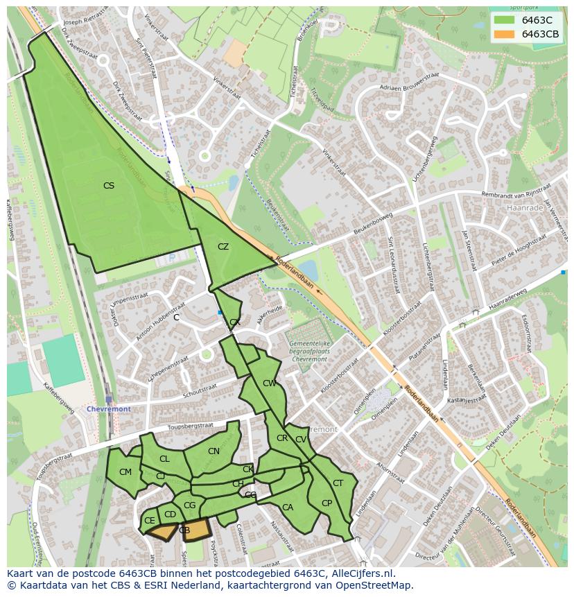 Afbeelding van het postcodegebied 6463 CB op de kaart.
